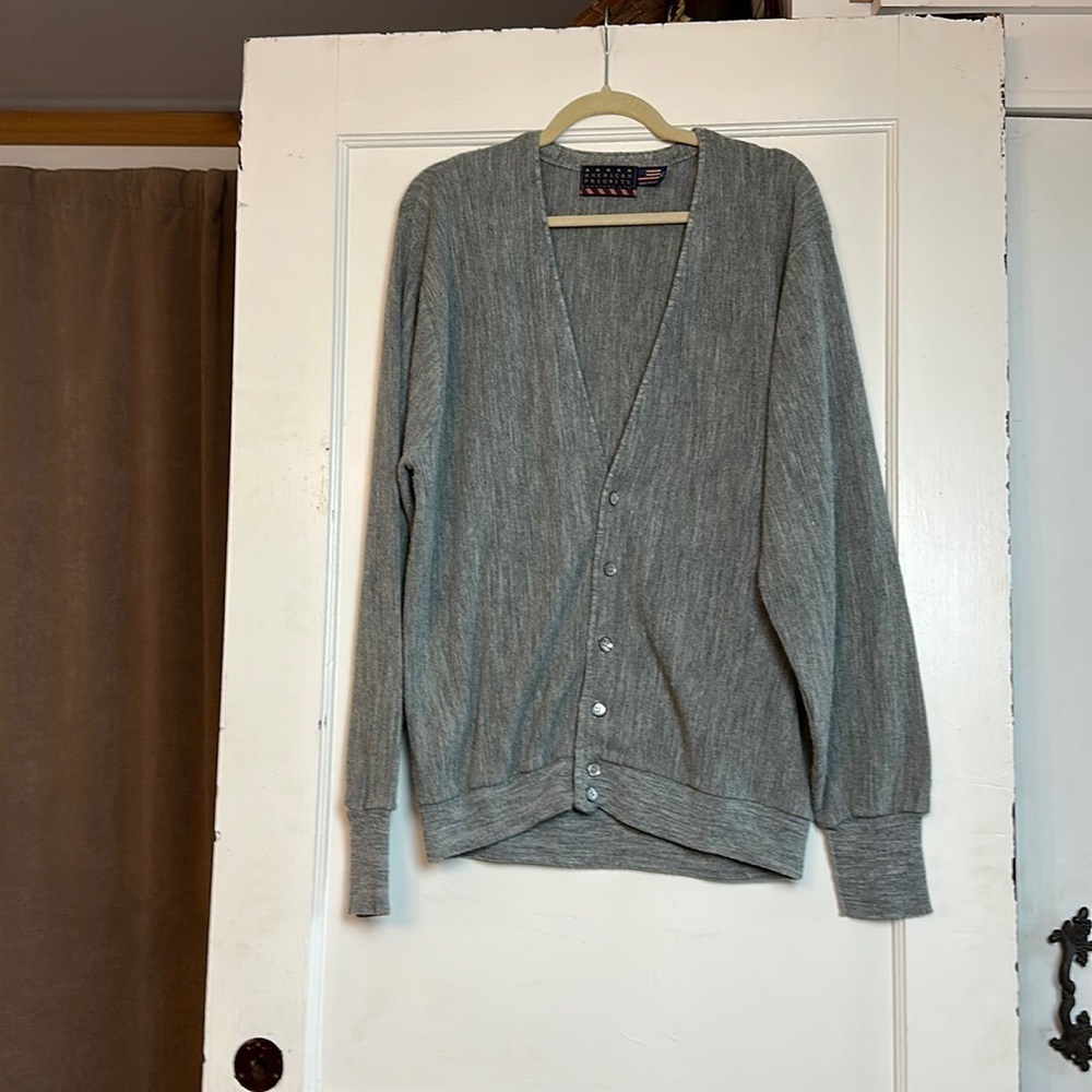 Vintage 90s American Priority Gray Cardigan XL Made USA Union Made Grandpa